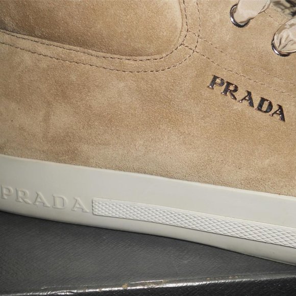 PRADA Beige Suede Ribbon High Top Metallic Cap Toe Lace Up Sneakers Shoes - Picture 7 of 14